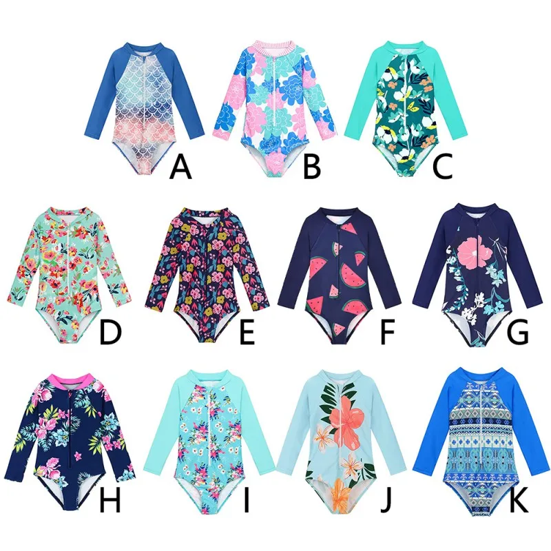 Kids Baby Girl Swimsuits Floral Print Summer Long Sleeve Jumpsuit Swimwear Beachwear Children Bathing Suits One-Piece