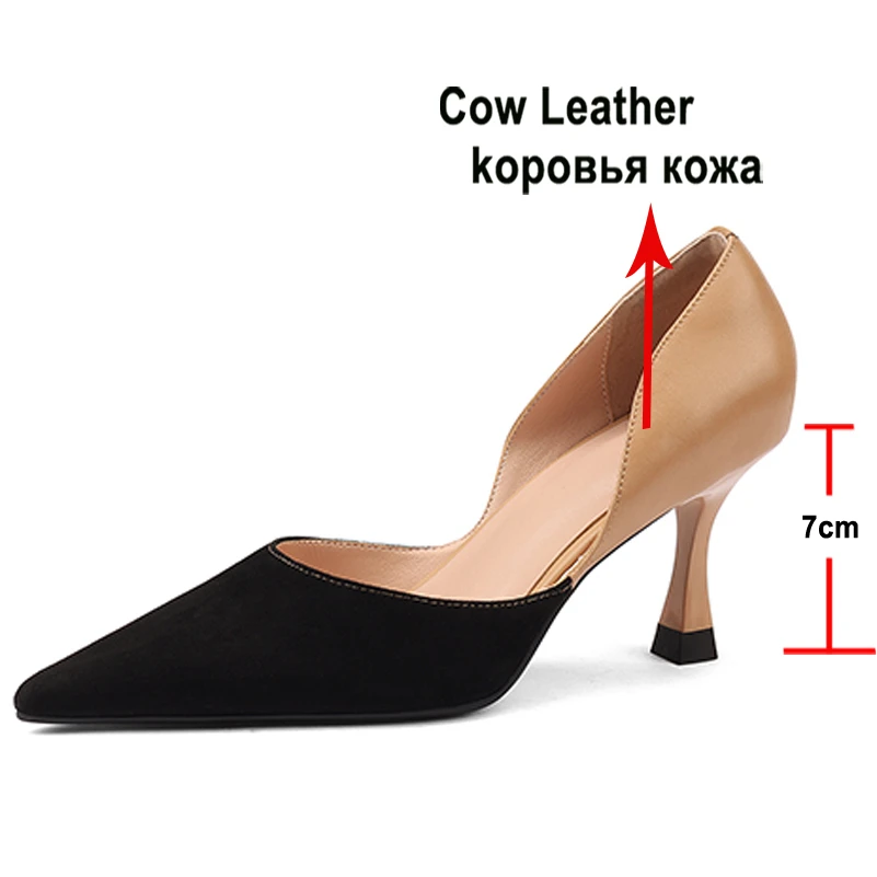 Meotina Women Two-Piece Shoes Genuine Leather High Heel Pointed Toe Pumps Thin Heels Kid Suede Shoes Ladies Autumn Beige 33-40