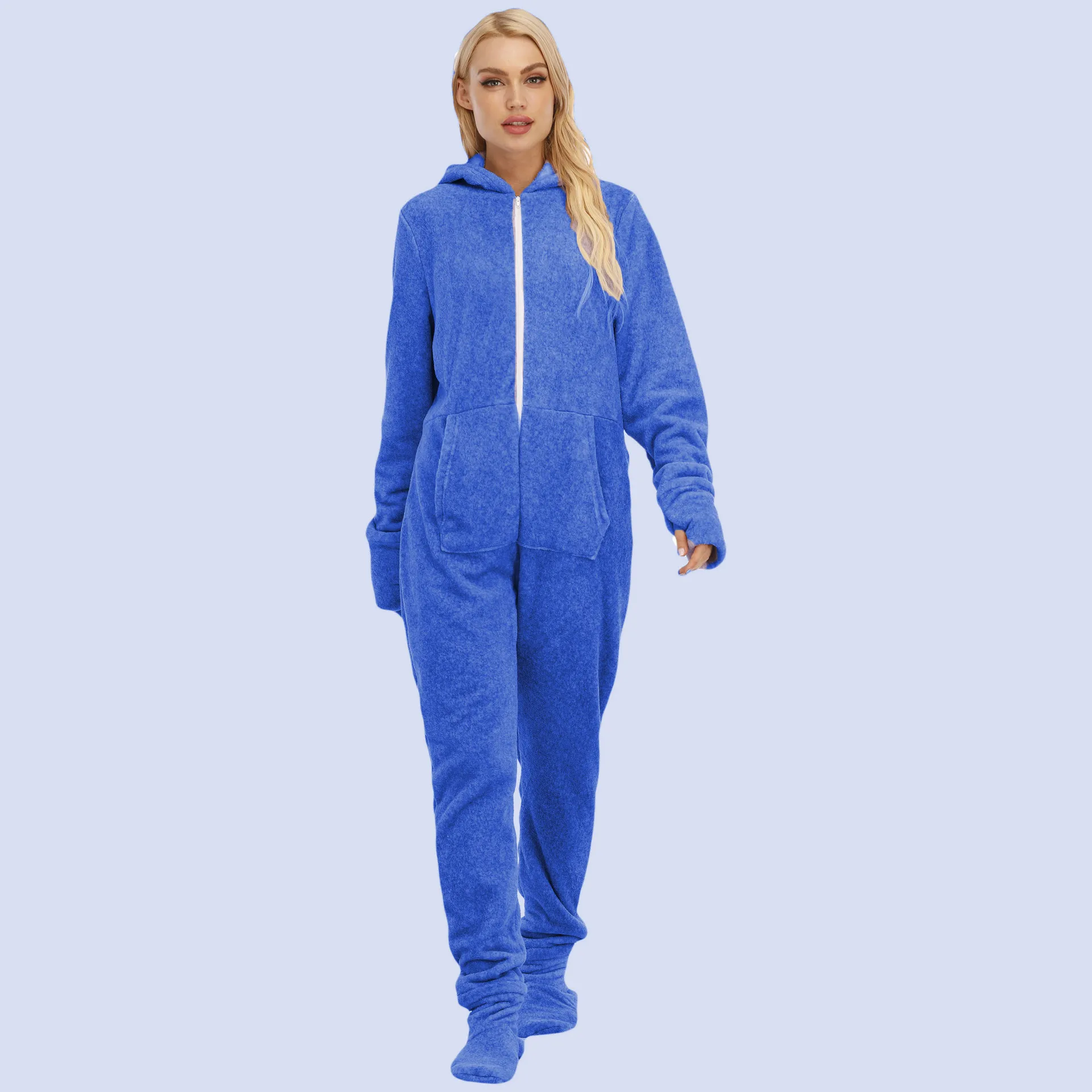 Adults Women Solid Hooded Fleece Onesie Pocket Sleepwear One-Piece Pijama Cosplay Costume Zipper Blue Pajamas