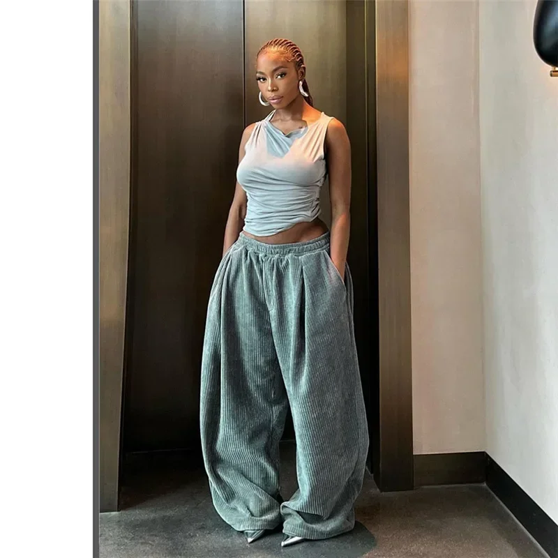 Deeptown Corduroy Oversized Pants Women Y2K Vintage Baggy Wide Leg Casual Pocket Trousers Harajuku Streetwear Sweatpants Korean