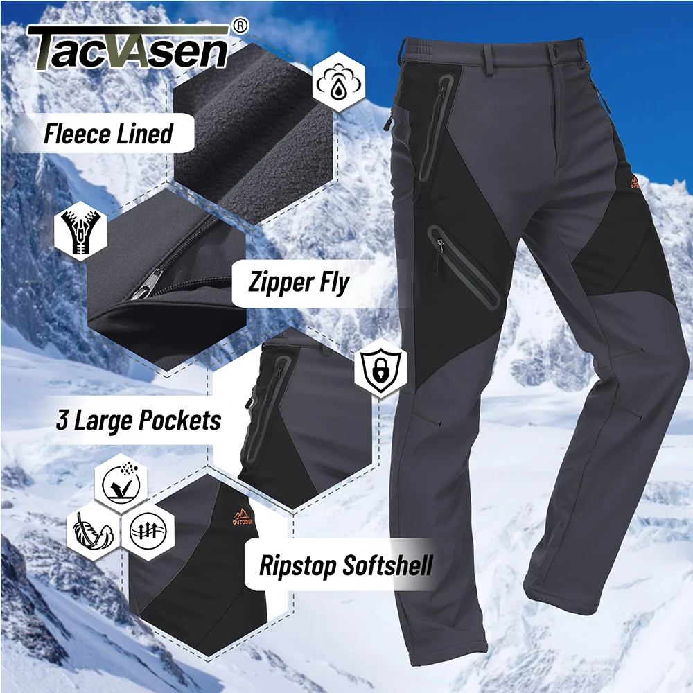 TACVASEN Winter Ski Pants Mens Hiking Warm Fleece Lined Pants Waterproof Windproof Zipper Pockets Pants Softshell Work Trousers