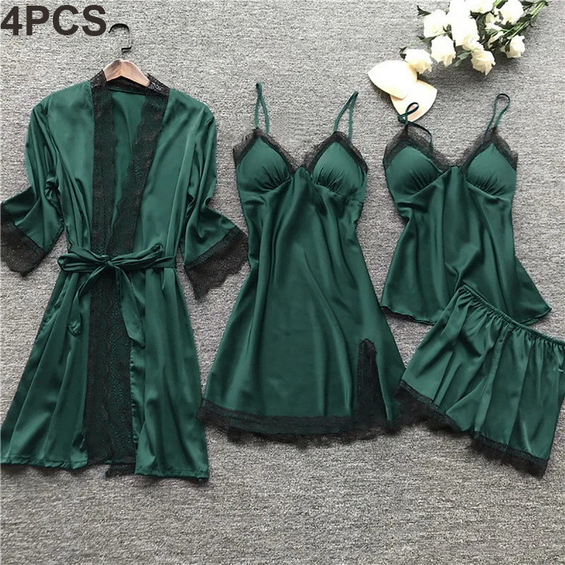 New Low Price Women Pajamas Sets Satin Sleepwear Silk 4 Pieces Nightwear Strap Lace Sleep Lounge Pajama With Chest Pads Drop