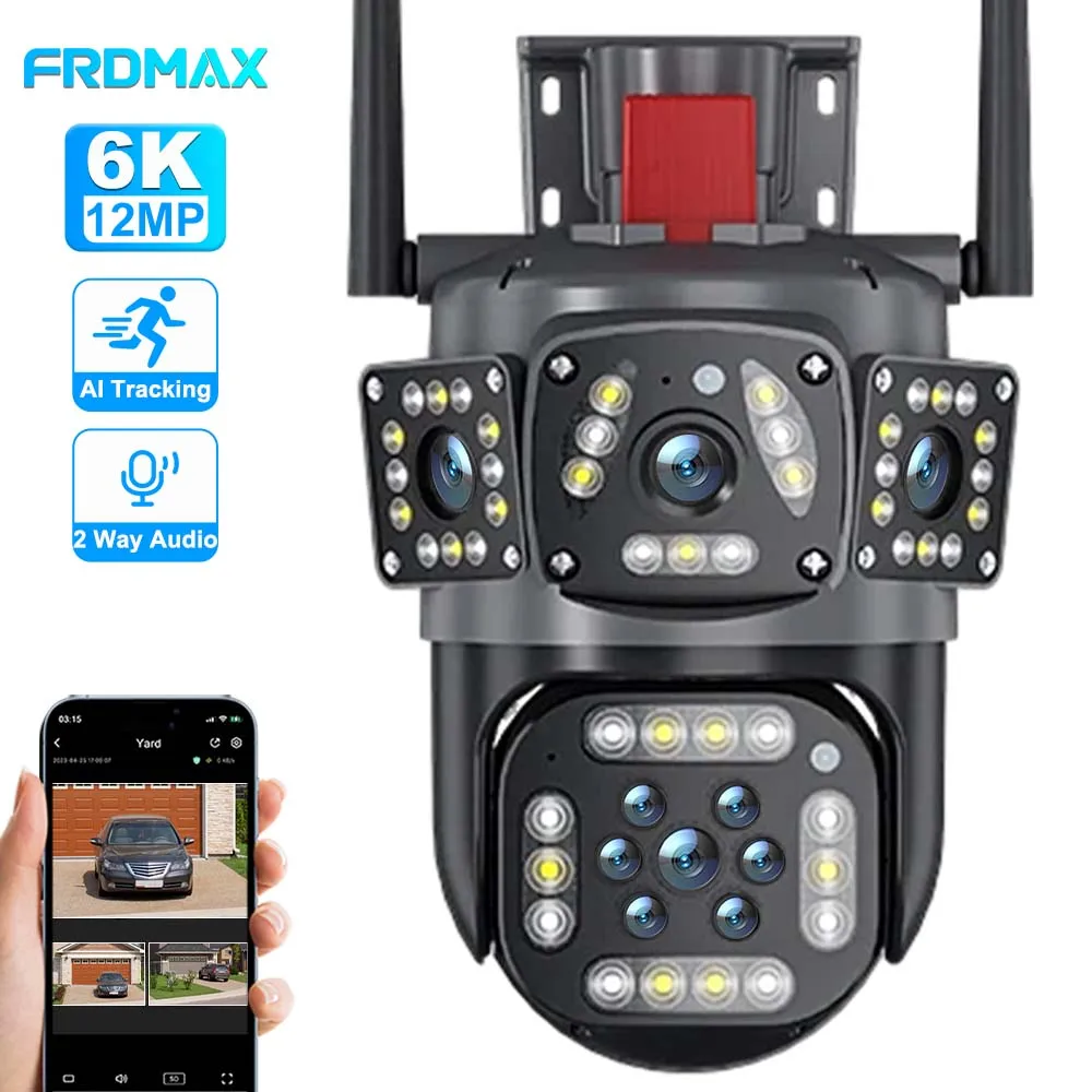 12MP 6K HD WiFi IP Camera Three Screens PTZ Camera Outdoor Ai Tracking 4K CCTV Video Surveillance Cam Smart Security Protection