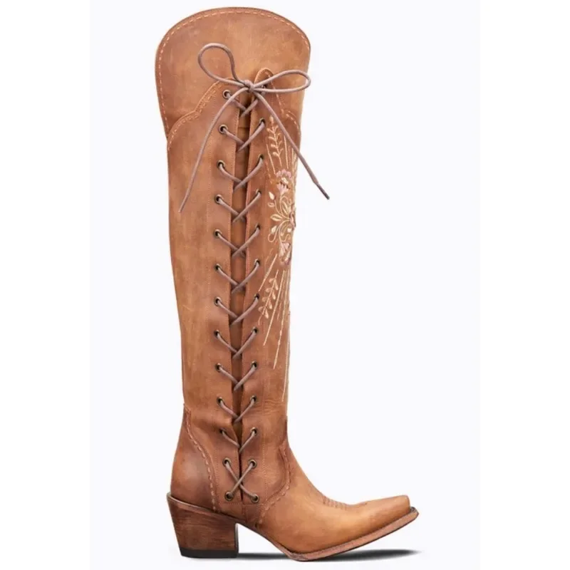 Plus Size 46 Women's Embroidered Western Knee High Boots Cowboy Cowgirl Boots Chunky Heel Platform Boots Women Western Shoes