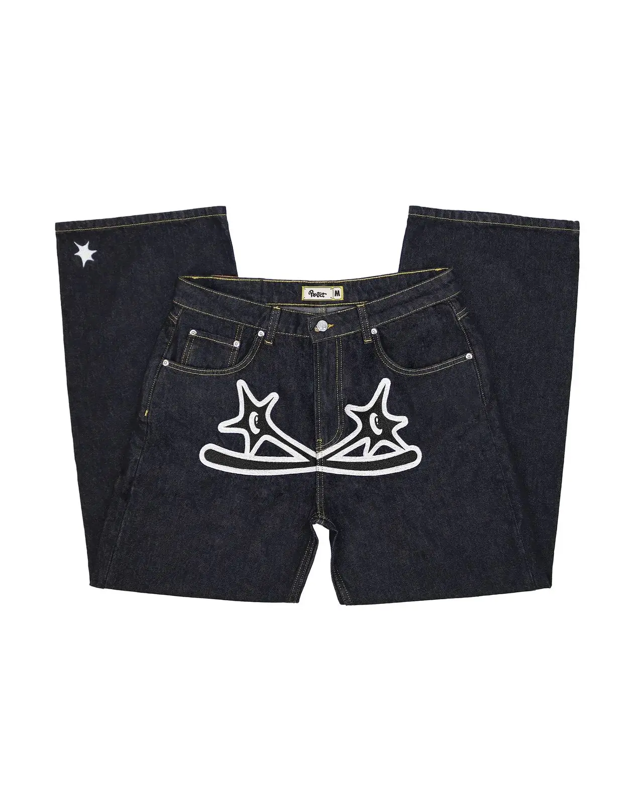 PROTECT Y2k New Hip Hop Cross Star Print Jeans Gothic Retro Baggy Blue Black Men Denim Pants Punk Straight Trousers Streetwear