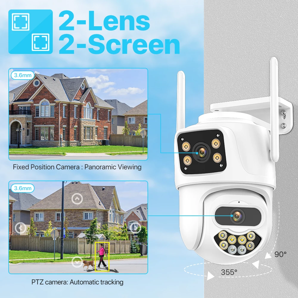 Dual Lens Dual Screen IP Camer 4K 8MP HD PTZ WiFi Security Camera Outdoor 4MP HD Auto Tracking CCTV Surveillance iCSee
