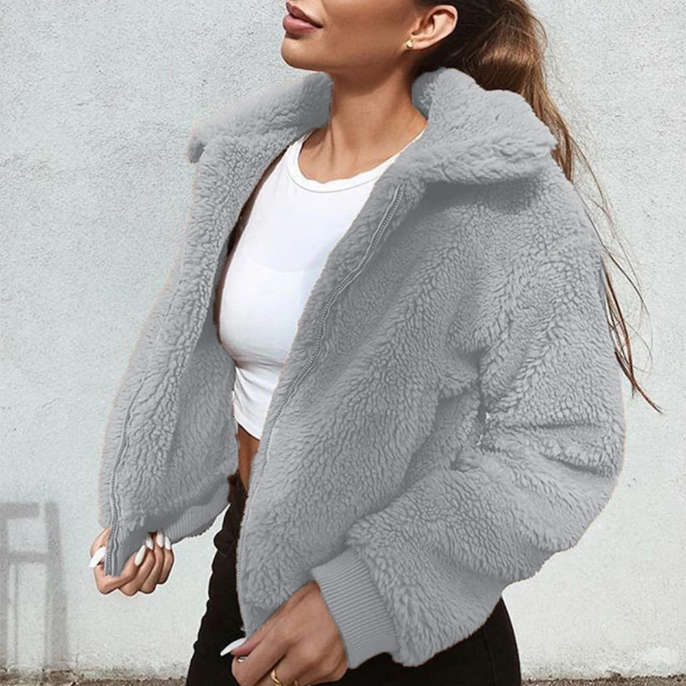 New Womens Autumn 2025 Winter Warm Thickened Faux Teddy Bear Fleece Coat Ladies Zip Up Jacket Outwear Plain new Lapel Solid Ladies Coats