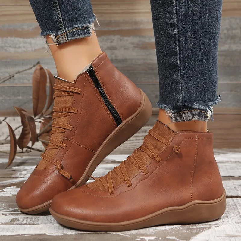 Women Boots Spring Autumn Retro Short Booties Ladies Soft Pu Leather Ankle Bootins Elastic Lace Up Casual Flat Shoes