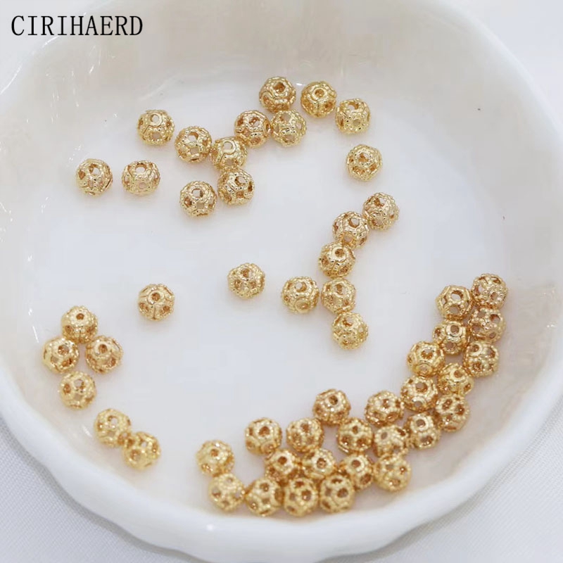 4mm 14K Gold/Silver Plated Round Hollowed-Out Small Beads Supplies For Jewelry Making DIY Accessories Bulk Spacer Bead Findings