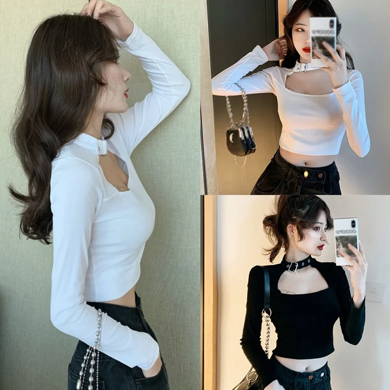 Women's Square Collar Slim Sexy Navel Exposed Long Sleeved T-shirt Tops