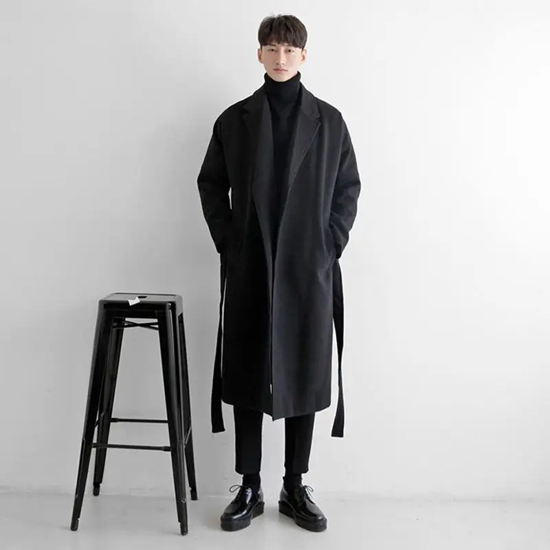 Mafokuwz Japanese Windbreaker Men's Long Thick Warm new Trench Coat Men's Trendy 2025 Men's Loose Woolen Cloth Korean Streetwear Jacket