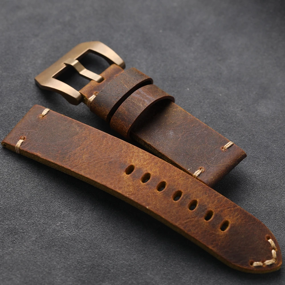 Handmade Bronze Watch Accessories Bracelet 20 22 24MM Brown Men's Vintage Bracelet Head Layer Cow Leather Straps