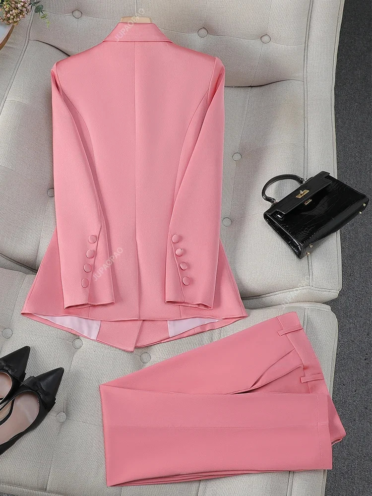 Fashion Office Ladies Formal Pant Suit Set Women Blue Pink Yellow Female Business Work Wear 2 Piece Blazer Jacket And Trouser 240329