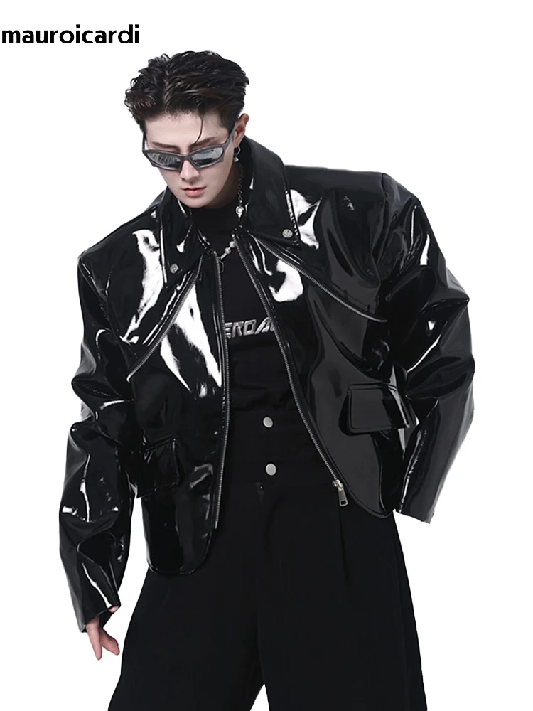 Mauroicardi Spring Autumn Cool Loose Short 2025 Black Shiny Reflective new Patent Faux Leather Jacket Men Zipper Designer Clothes