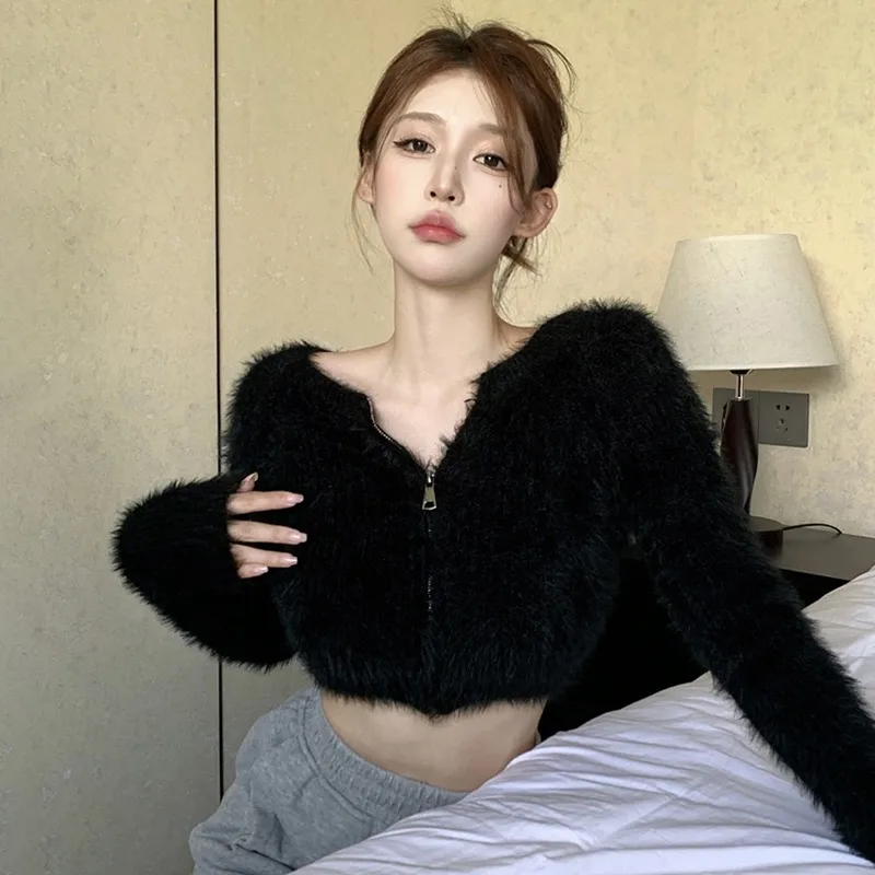 Ladies Solid Color Sweater Knitted Cardigan Off Shoulder Short Style Zipper Design Women's Round Neck Pullover Coat