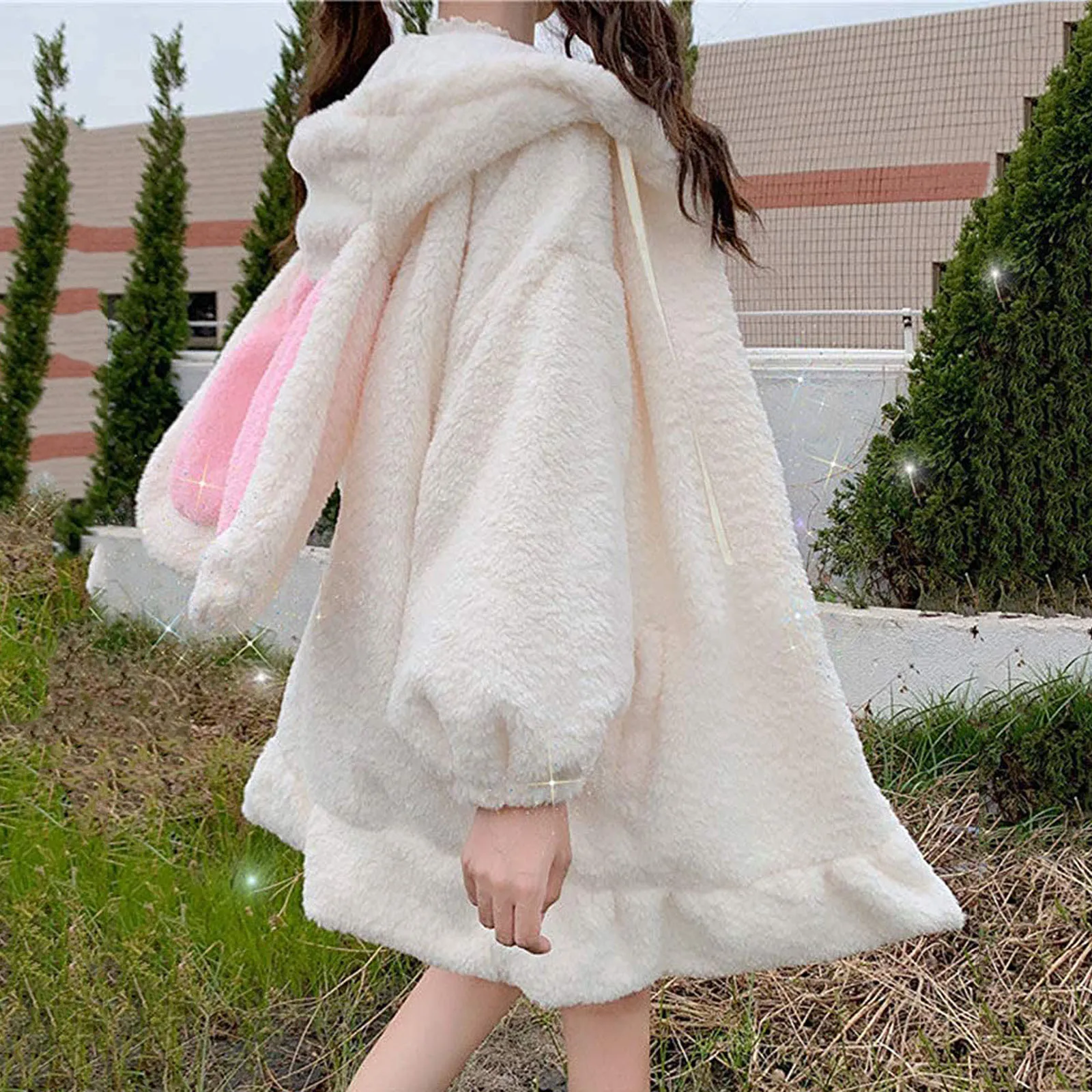 Women Lolita Hoodies Kawaii Winter Warm Lambswool Oversized Sweatshirt Cute ddmysmile Bunny Ears Long Sleeve Zip Up Hooded Fleece Jacket Smile