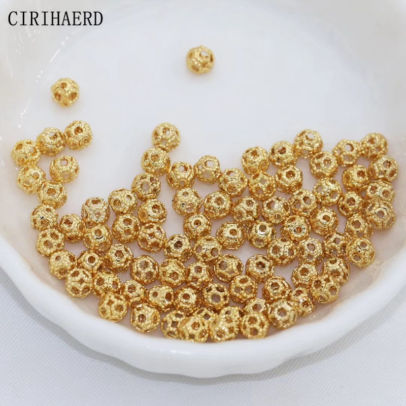 4mm 14K Gold/Silver Plated Round Hollowed-Out Small Beads Supplies For Jewelry Making DIY Accessories Bulk Spacer Bead Findings