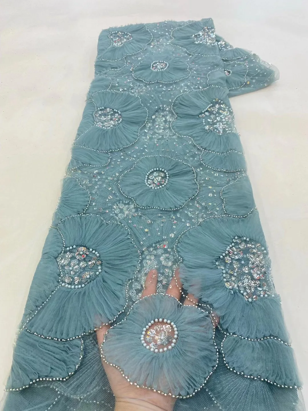 Handmade French Tulle Lace Fabric 2024 High Quality 3D Flower Embroidery African new Beads Lace Fabric 2025 for Women Dresses VXZ5667