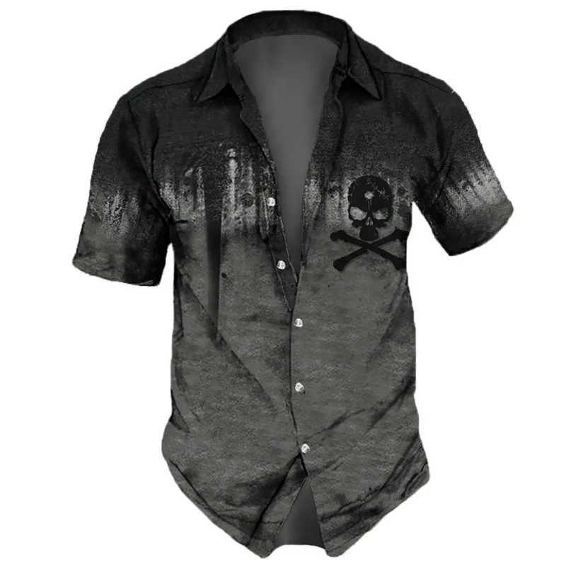 2023 Men's new Shirts Lapel Streetwear Vintage Shirt For Men Skull Hip Hop 2025 Short Sleeve Top Party Summer Casual Men Hawaiian Shirts