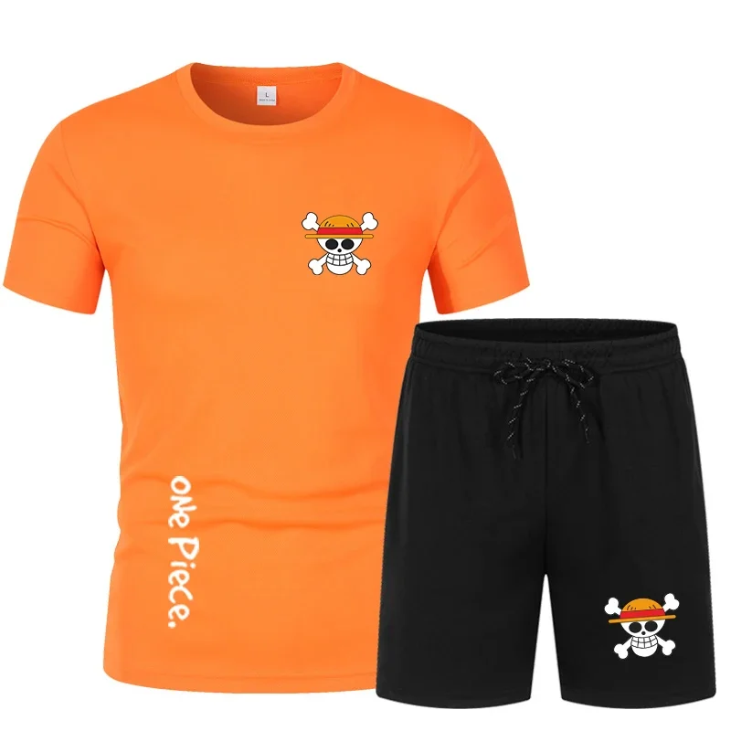 Summer Men's Kawaii Japanese Anime One Piece Sportswear Shorts Set Short Sleeve Breathable Grid T-Shirt & Shorts Casualwear