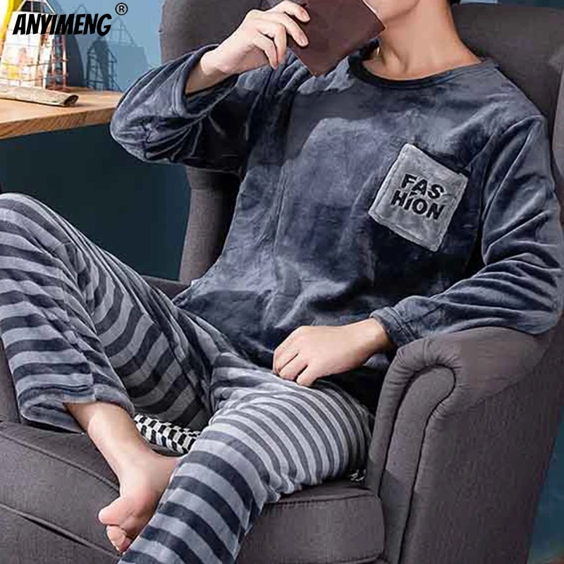 Winter Mens Pajamas Sets Soft Velvet Thermal Sleepwear 2 Pieces Set Flannel Pijamas for Men Casual Long Sleeves Fluffy Homesuits
