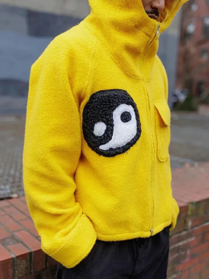 Y2K Yellow Cardigan Zipper CPFM.XYZ Wool Hooded Jacket Men Women Fuzzy BalanceTai Chi Embroidery Jacket Coats Pullover Kanye