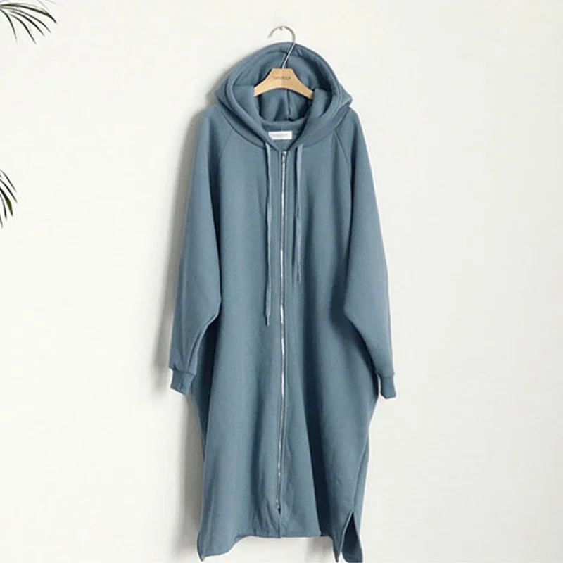 2023 Autumn Woman Long Coat Lady Loose Casual Grey Black Almond Blue Women's Hoodies Coat New Hoody Zip Up Pockets Long Sleeves