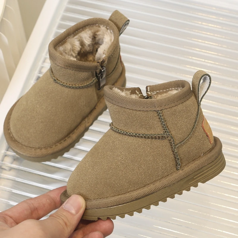 2023 New Genuine Leather Snow Boots For Kids Girls Boys Solid Suede Winter Zip Ankle Boots For 0-6years Children Woman Shoes