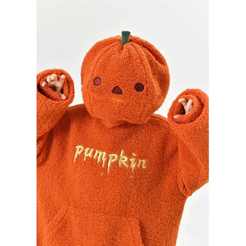 Deeptown Kawaii Plush Pumpkin Hoodies Women Toy Funny Halloween Berber Fleece Jacket Oversized Cutecore Christmas Winter Clothes