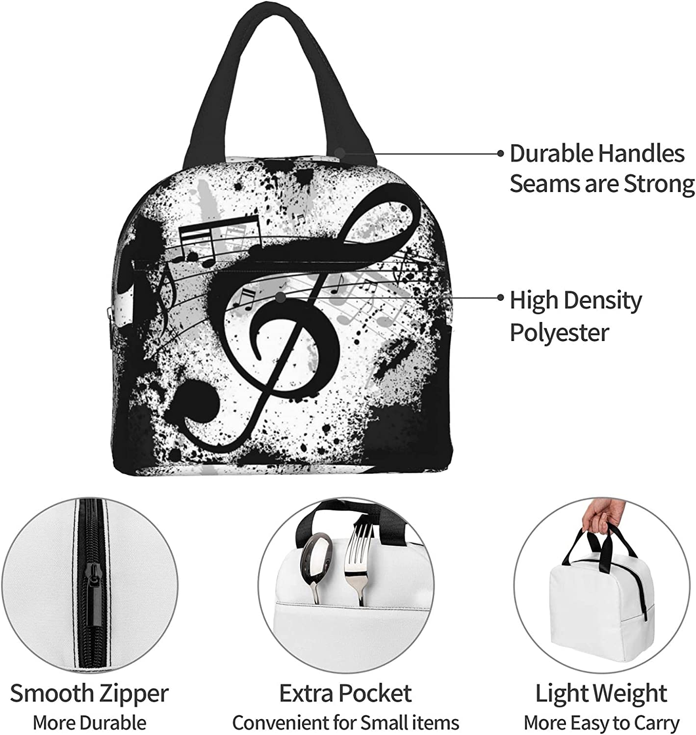 Music Note Insulated Lunch Bag For Women Men Leakproof Cooler Lunch Box Reusable Thermal Tote Bag For Work School Picnic Beach