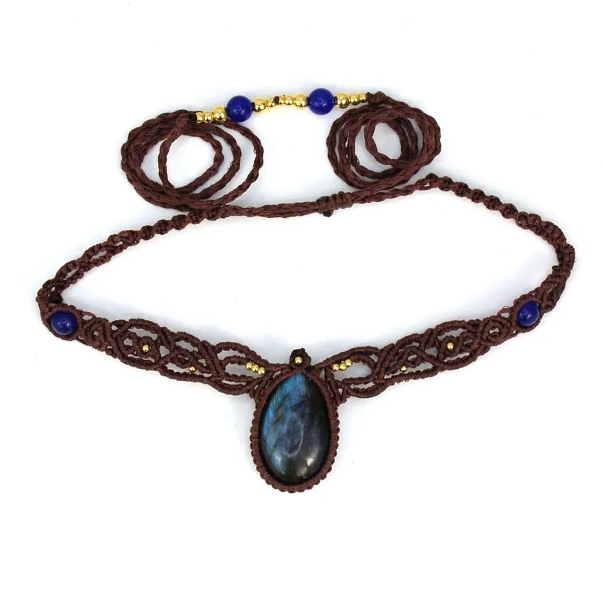 KFT Natural Labradorite Original Stone Water Drop Handmade Thread Rope Wrapped Braided Macrame Chain Necklace Women Girl Jewelry