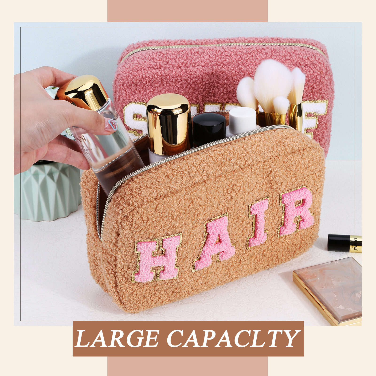 Preppy Fluffy Cosmetic Chenille Letter Organizer New Storage Bag Travel Makeup Pouch Gift for Women and Girls