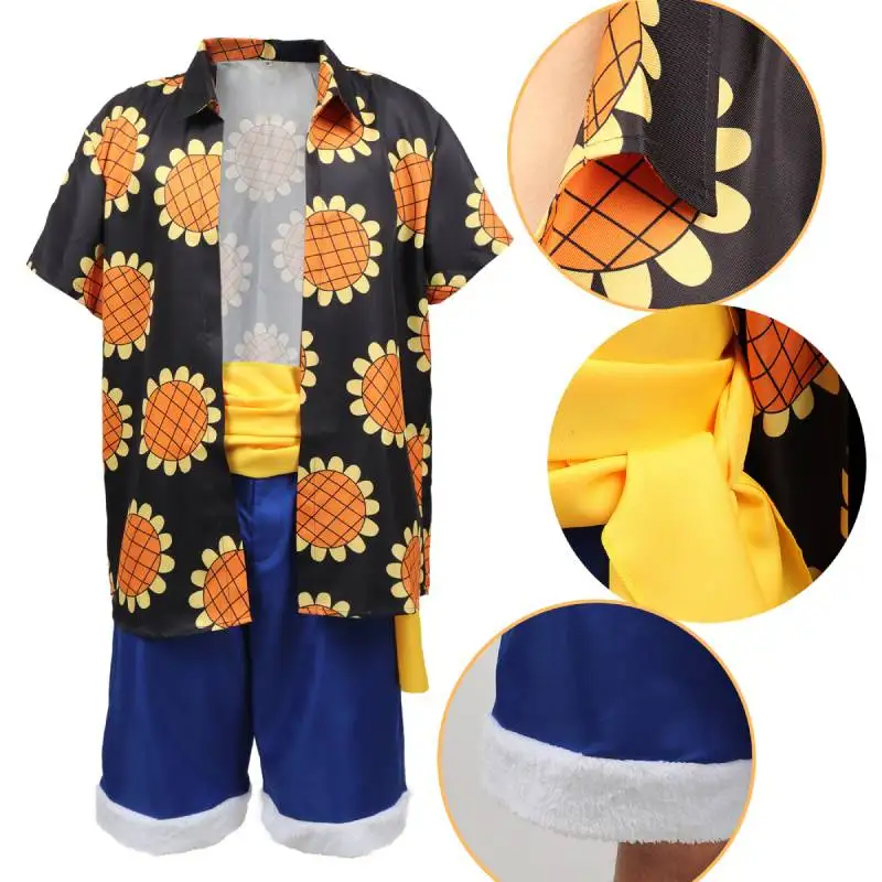 2025 DAZCOS Hot Anime Luffy Cosplay Men Shirt Summer Daily Wear Stage new Performance Halloween Suower Shirt Short with Sash