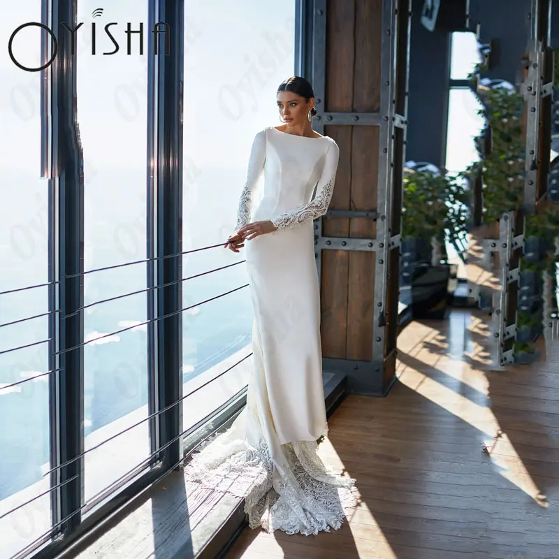 OYISHA Scoop Long Sleeves 2025 new Wedding Dresses Elegant Satin Mermaid Lace Bridal Gowns For Woman Appliques Simple Vestido De Mariages