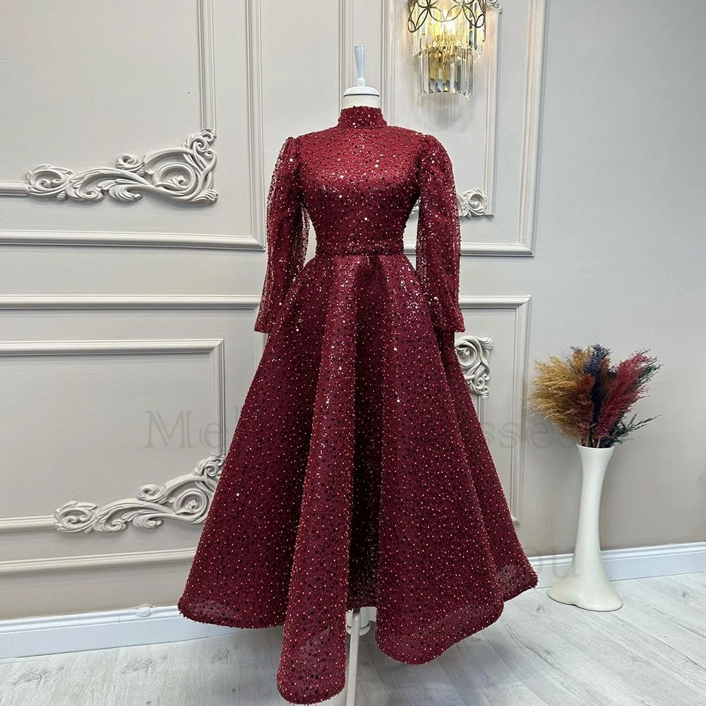Champagne High Neck 2025 Evening Dresses for Women Full Sleeve Prom Gowns Sequined 2023 Summer A Line Real Picture Vestido new De Noche