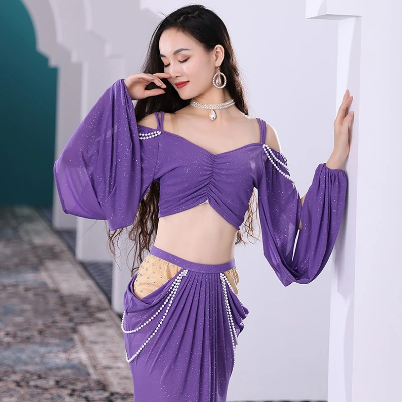 Sexy Two Piece Belly Dance Costume Set For Women Elegant Cut-out Long Sleeve Hollow Camisole With High-Rise Slim Long Skirts