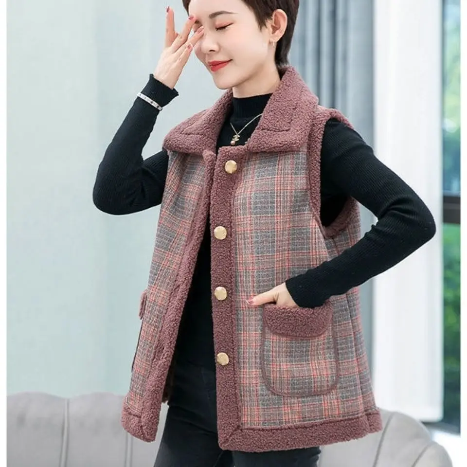 New Large Size Women s Bust Faux Lamb Hair Waistcoat Vest Autumn V neck Single breasted Solid for Mother