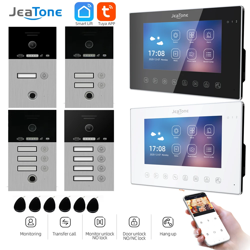 Jeatone Tuya WiFi Fingerprint Video Intercom Home 7Inch Monitor Screen 1080P 1F/2F/3F/4F Door Phone Camera with ID Cards Unlock