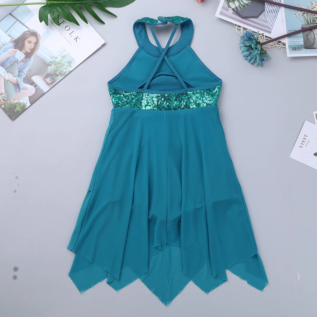 Sequined Halterneck Kids Girls Criss Cross Back Ballet Leotard Lyrical Modern Contemporary Ballroom Dance Dress smile
