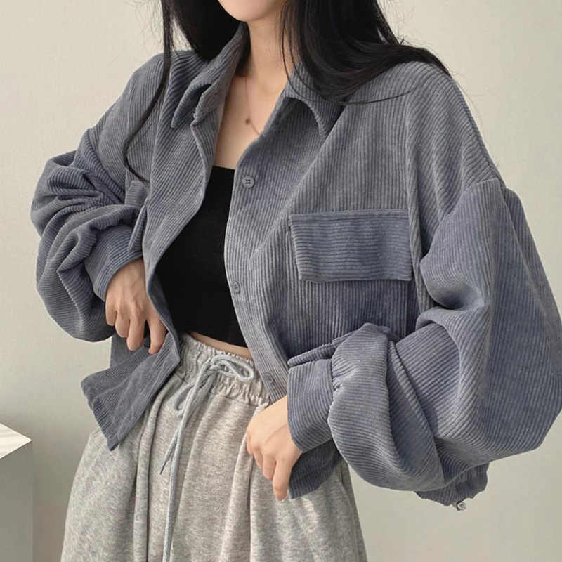 Women Casual Autumn Loose 2025 Corduroy Long-sleeved Shirt Turn-down new Collar Retro Coats Solid Color Shirts