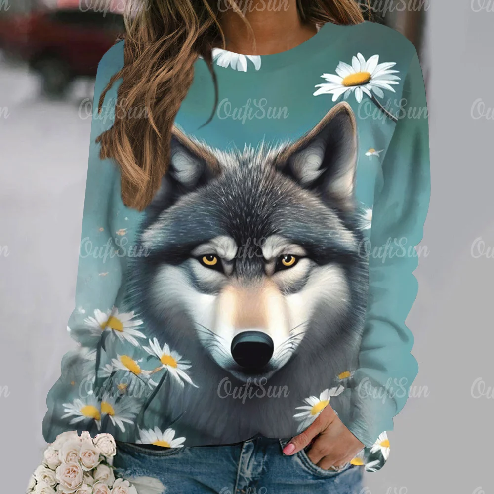 Women's T-Shirt 3D Wolf 2025 Print T Shirts for new Women O Neck Streetwear Ladies Sweater Autumn 2024 New Long Sleeve Pullover Clothes