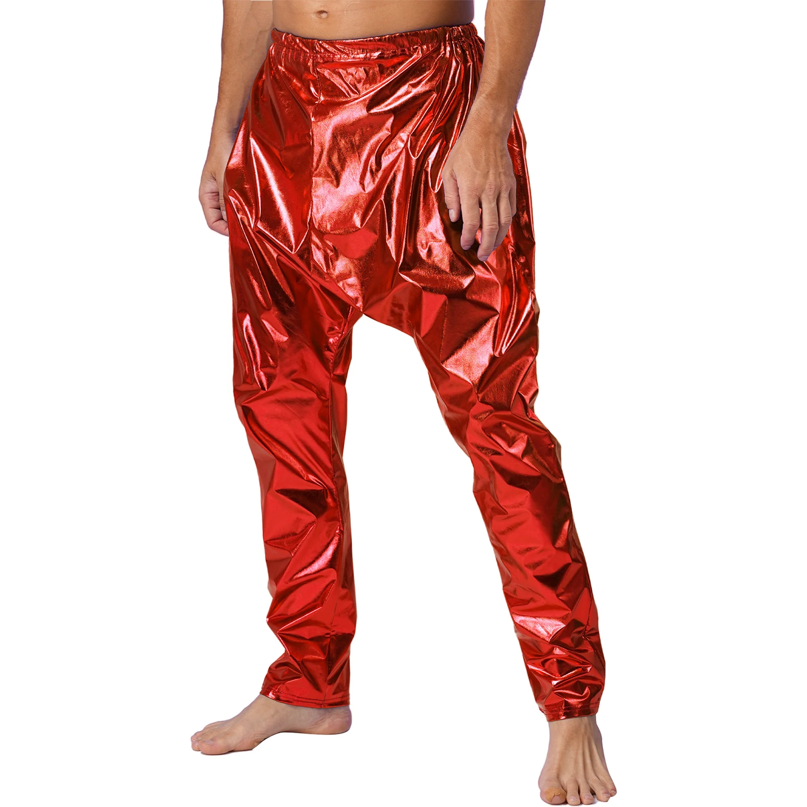 Mens Stylish Metallic Shiny Long Pants Elastic Waistband Solid Color Lightweight Harem Pants Leggings Stage Performance Costume