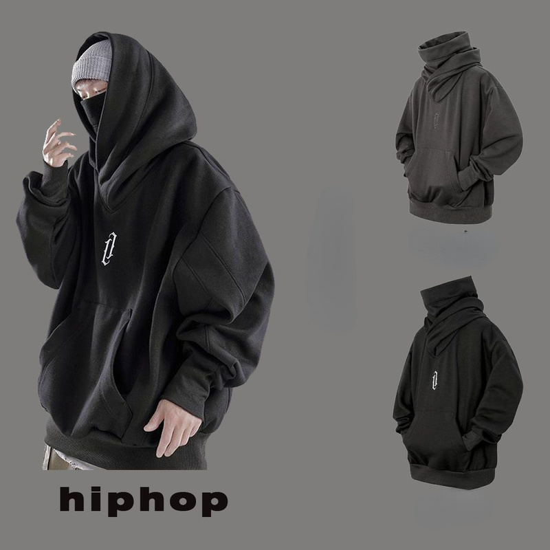 QWEEK Hooded Sweatshirts Gothic Harajuku Pullover Hiphop Black Hoodie Oversize BF Style Dark Turtleneck Casual Punk Clothes Cool