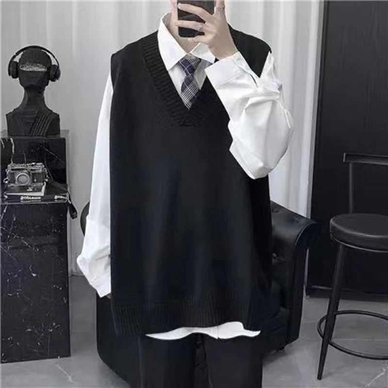 Vintage Autumn Winter Men V Neck Sweater new 2025 Vest Knitted Haruku Casual Oversized High Quality Matching Pullover Solid School Top