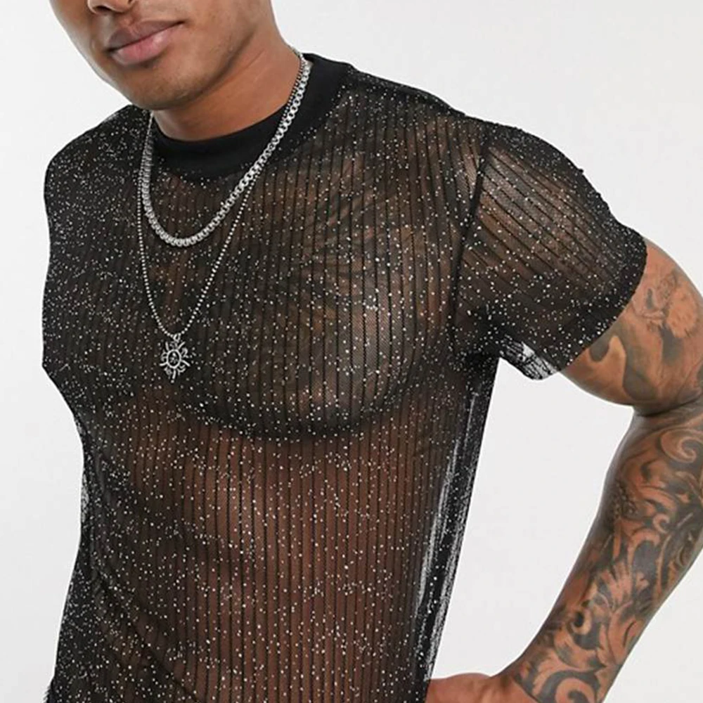 Men T Shirt See Through Sequin Shiny Mesh Sexy Undershirt Short Sleeve Shirts Casual Sexy Sheer Club Top Transparent Blouse
