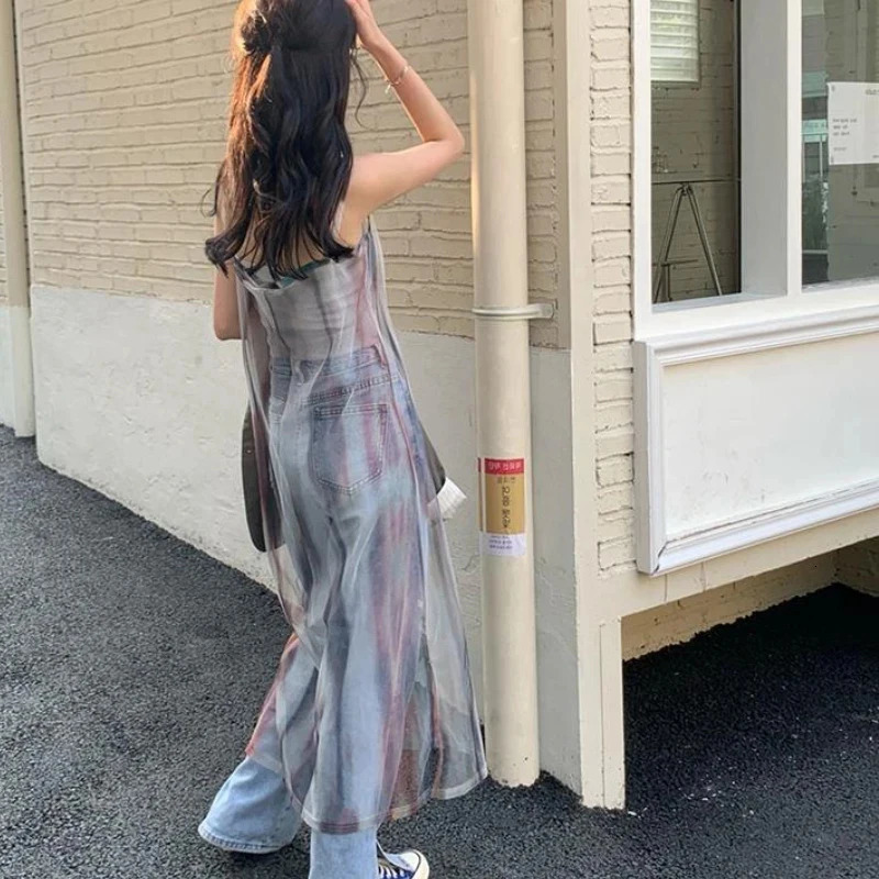MEXZT Y2K Tie Dye Tulle Sheer Dress Women Sexy Spaghetti Strap Midi Dress Streetwear Harajuku Mesh See Through Loose Sundress 240319