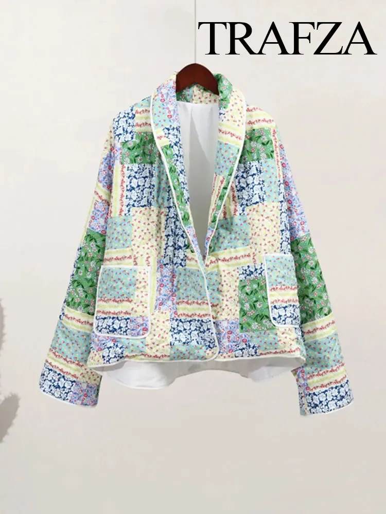 TRAFZA Women's Flower Print Coat Quilted Reversible Long Sleeve Open Front 2 In One Jackets Autumn Vintage Streetwear Coat