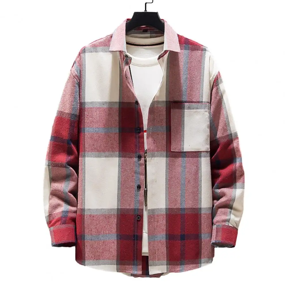 Men Shirt Jacket Autumn Winter Plaid Shirt Coat Turndown Collar Long Sleeve Loose Fit Cozy Fashionable Shirt Streetwear