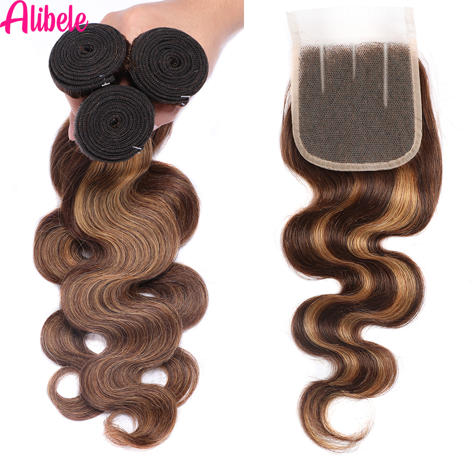 Alibele Highlighted Body Wave Human Hair Bundles With 4x4 HD Lace Closure Pre-Plucked P4/27 Color Peruvian Remy Hair Extentions