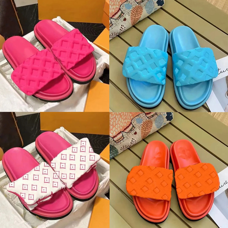 Designer Slippers Pool Pillow Mules Women Sandals Sunset Flat Slides Comfort Mule Padded Front Strap Causal Slider Fashionable Summer Beach Outdoor Shoes 35-42